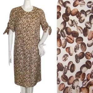 LOUIS FERAUD Silk Dress, 12, Coffee Bean Print, Tie Sleeve, knee length, Pockets